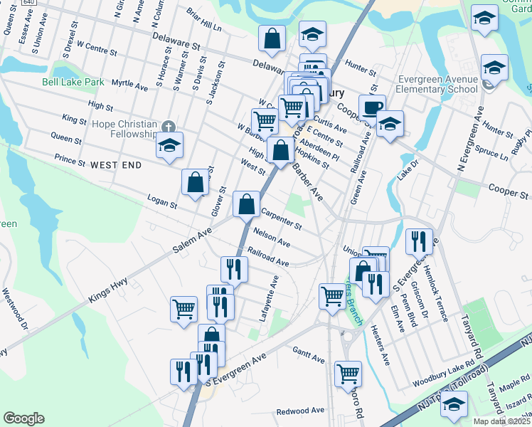 map of restaurants, bars, coffee shops, grocery stores, and more near 22 Carpenter Street in Woodbury