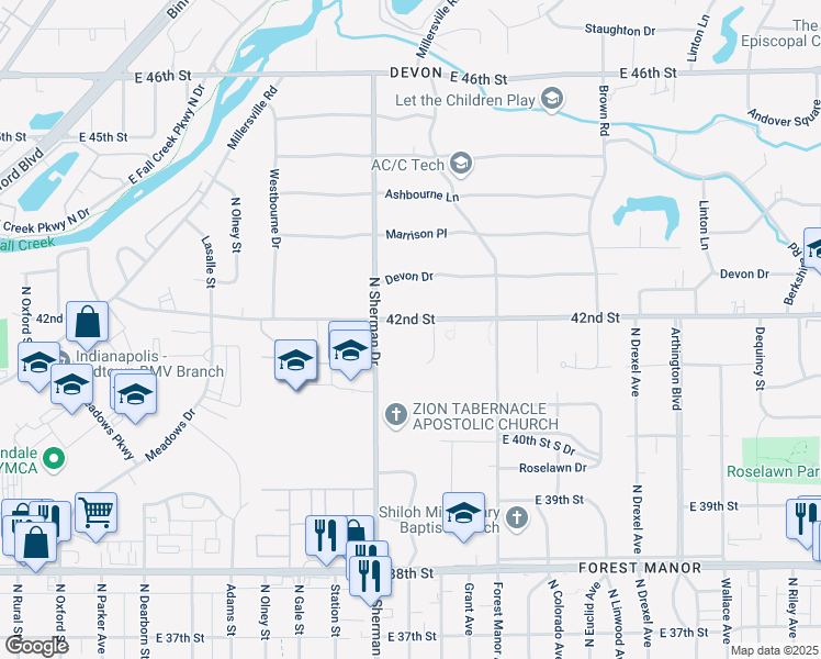 map of restaurants, bars, coffee shops, grocery stores, and more near 3827 East 42nd Street in Indianapolis