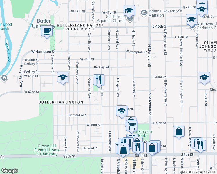 map of restaurants, bars, coffee shops, grocery stores, and more near 4218 Graceland Avenue in Indianapolis