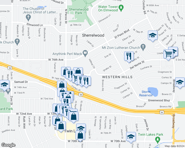 map of restaurants, bars, coffee shops, grocery stores, and more near 7500 Dakin Street in Denver