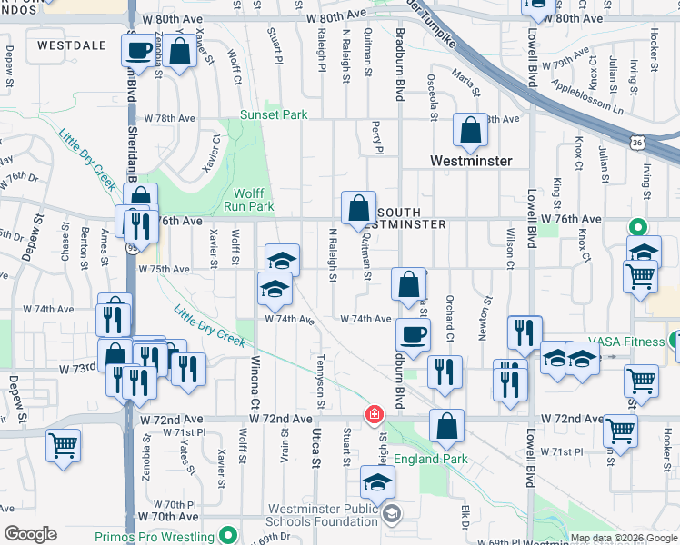 map of restaurants, bars, coffee shops, grocery stores, and more near 7490 Raleigh Street in Westminster
