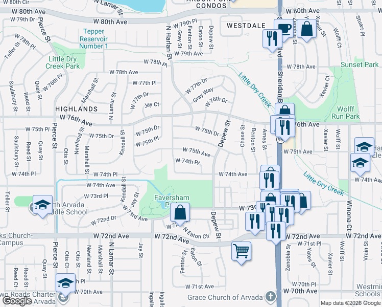 map of restaurants, bars, coffee shops, grocery stores, and more near 5734 West 75th Avenue in Arvada