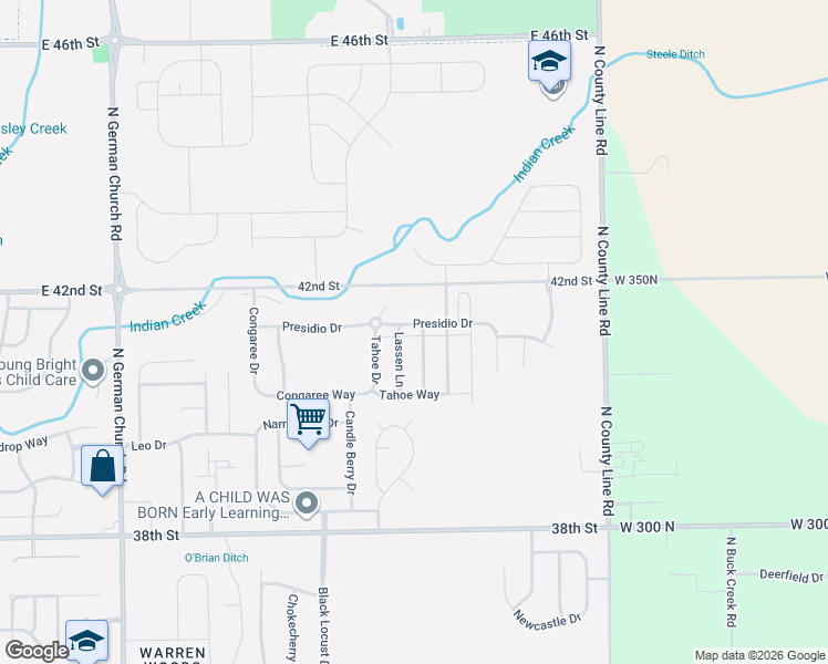 map of restaurants, bars, coffee shops, grocery stores, and more near 4108 Little Bighorn Drive in Indianapolis