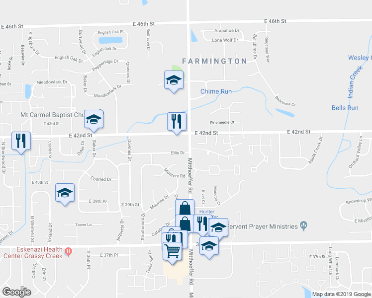 map of restaurants, bars, coffee shops, grocery stores, and more near 9962 Ellis Drive in Indianapolis