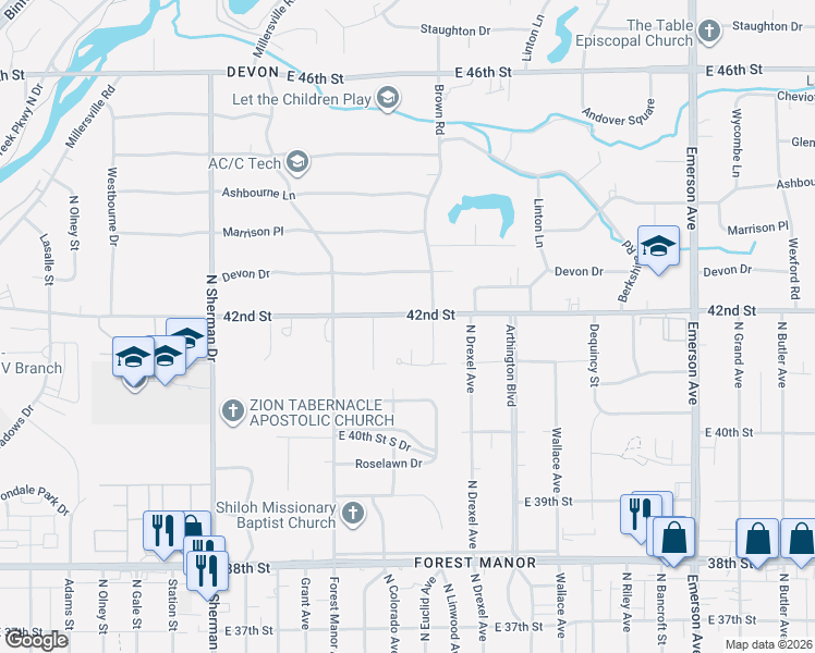 map of restaurants, bars, coffee shops, grocery stores, and more near 4313 East 42nd Street in Indianapolis