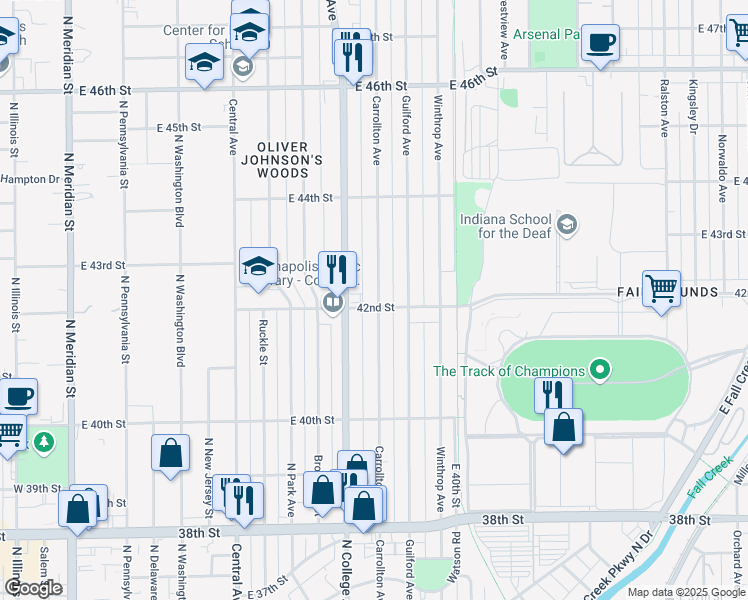 map of restaurants, bars, coffee shops, grocery stores, and more near 802 East 42nd Street in Indianapolis