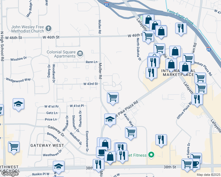 map of restaurants, bars, coffee shops, grocery stores, and more near 5388 Falcon Creek Way in Indianapolis