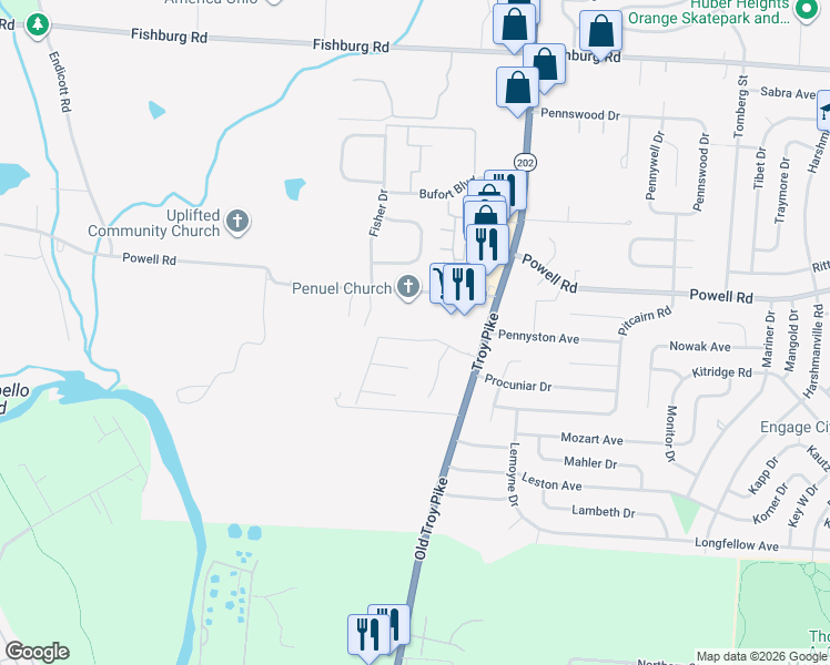 map of restaurants, bars, coffee shops, grocery stores, and more near 4239 Vitek Drive in Dayton
