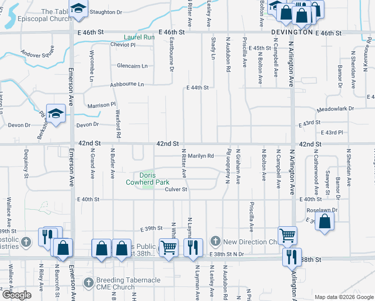 map of restaurants, bars, coffee shops, grocery stores, and more near 4132 North Ritter Avenue in Indianapolis