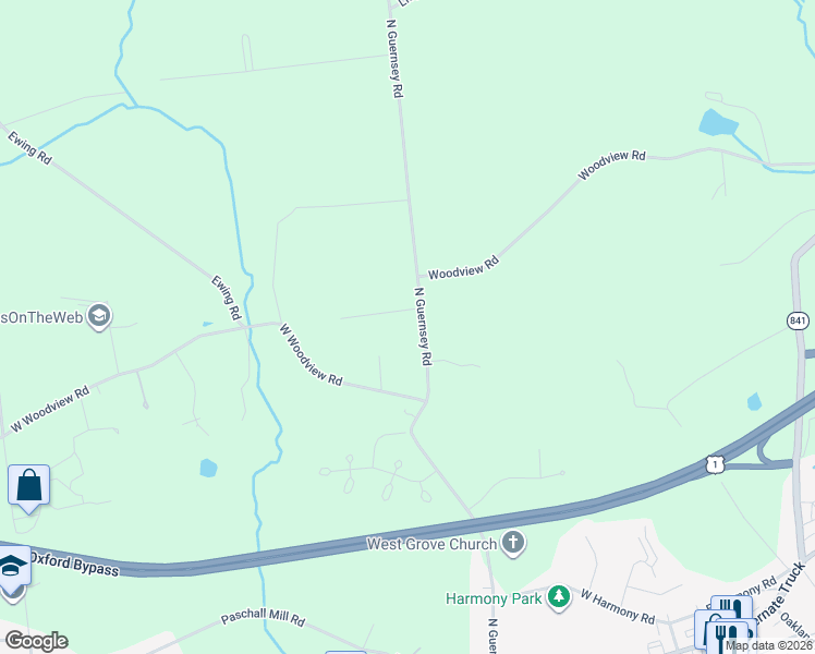 map of restaurants, bars, coffee shops, grocery stores, and more near 425 North Guernsey Road in West Grove