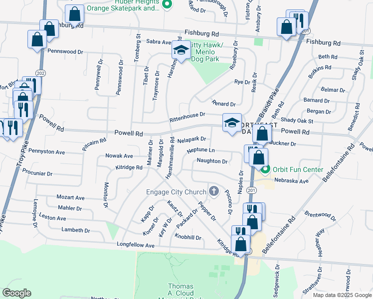 map of restaurants, bars, coffee shops, grocery stores, and more near 4837 Neptune Lane in Dayton