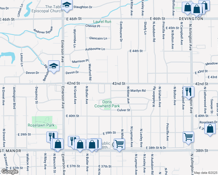 map of restaurants, bars, coffee shops, grocery stores, and more near 4138 North Irvington Avenue in Indianapolis