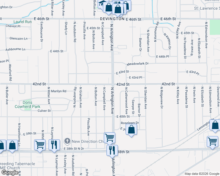 map of restaurants, bars, coffee shops, grocery stores, and more near 4150 North Arlington Avenue in Indianapolis
