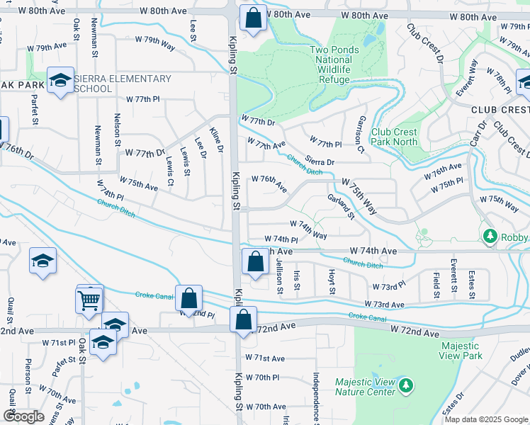 map of restaurants, bars, coffee shops, grocery stores, and more near 9824 West 75th Way in Arvada