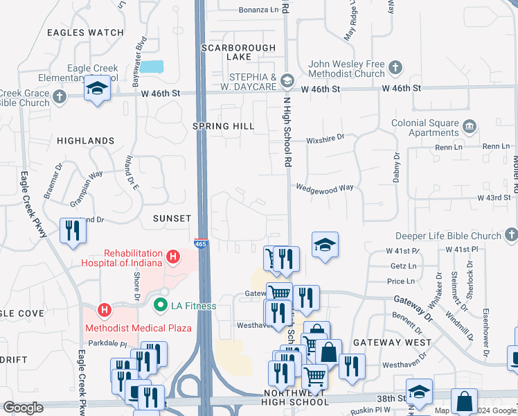 map of restaurants, bars, coffee shops, grocery stores, and more near 6328 Commons Drive in Indianapolis