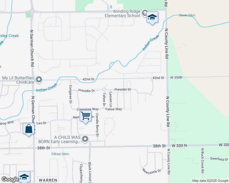 map of restaurants, bars, coffee shops, grocery stores, and more near 4108 Little Bighorn Drive in Indianapolis