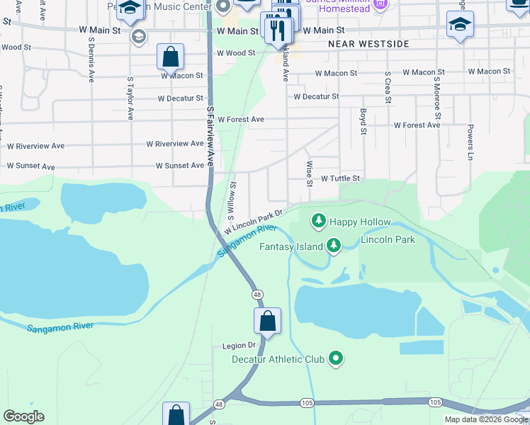 map of restaurants, bars, coffee shops, grocery stores, and more near 1138 West Lincoln Park Drive in Decatur