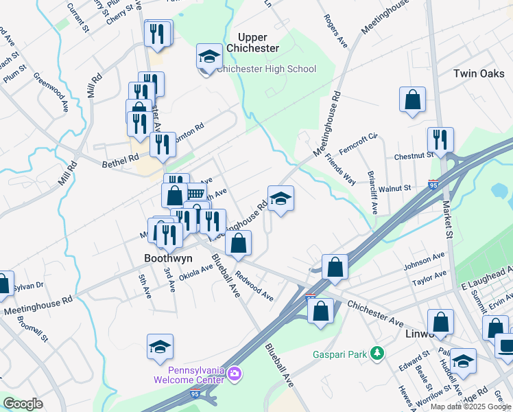 map of restaurants, bars, coffee shops, grocery stores, and more near 926 Meetinghouse Road in Boothwyn