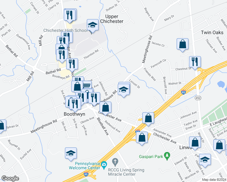 map of restaurants, bars, coffee shops, grocery stores, and more near 926 Meetinghouse Road in Boothwyn