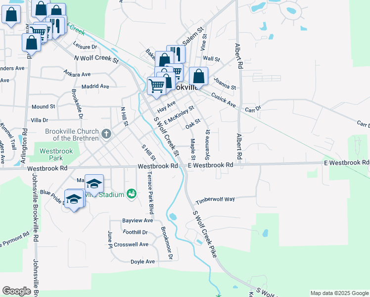 map of restaurants, bars, coffee shops, grocery stores, and more near 30 Gaines Street in Brookville