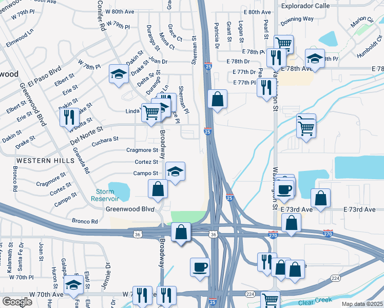 map of restaurants, bars, coffee shops, grocery stores, and more near 7520 Broadway in Denver