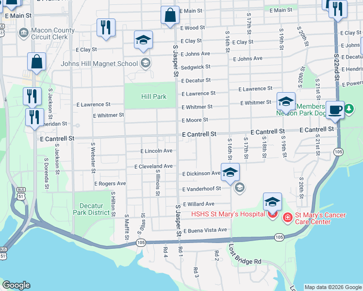 map of restaurants, bars, coffee shops, grocery stores, and more near 1176 East Lincoln Avenue in Decatur