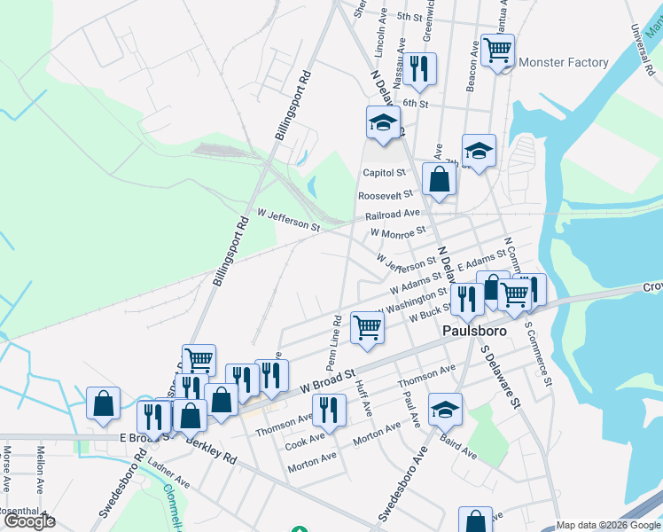 map of restaurants, bars, coffee shops, grocery stores, and more near 301 Olive Street in Paulsboro