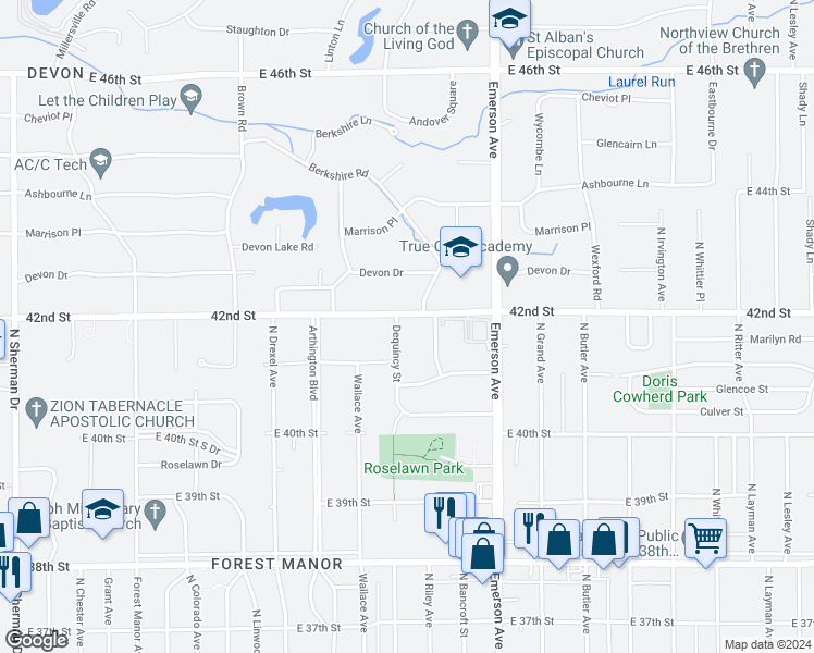 map of restaurants, bars, coffee shops, grocery stores, and more near 4909 East 42nd Street in Indianapolis