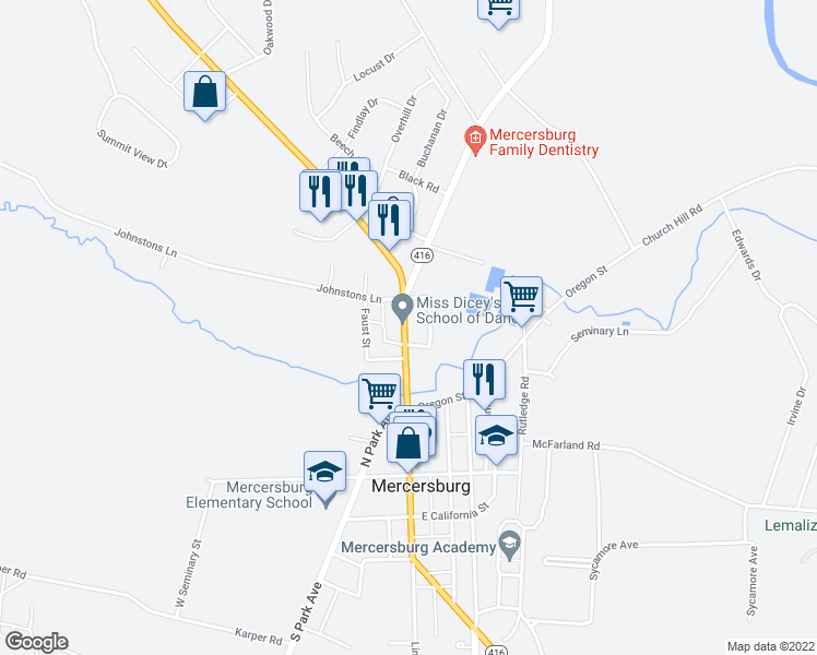 map of restaurants, bars, coffee shops, grocery stores, and more near 227 North Main Street in Mercersburg
