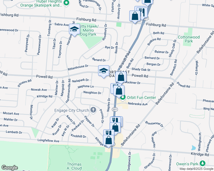 map of restaurants, bars, coffee shops, grocery stores, and more near 5007 Neptune Lane in Dayton