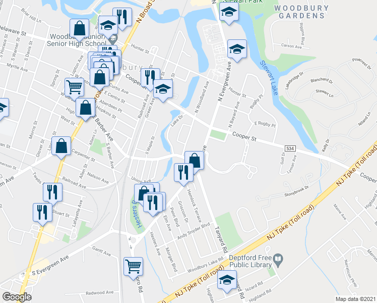 map of restaurants, bars, coffee shops, grocery stores, and more near 76 South Woodland Avenue in Woodbury