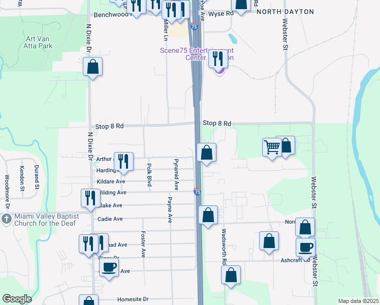 map of restaurants, bars, coffee shops, grocery stores, and more near 5950 Erica Court in Dayton