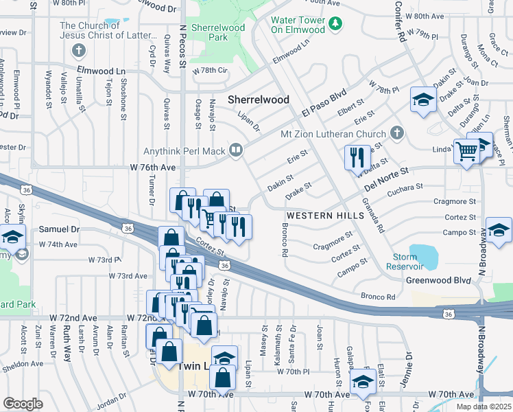 map of restaurants, bars, coffee shops, grocery stores, and more near 7500 Dakin Street in Denver