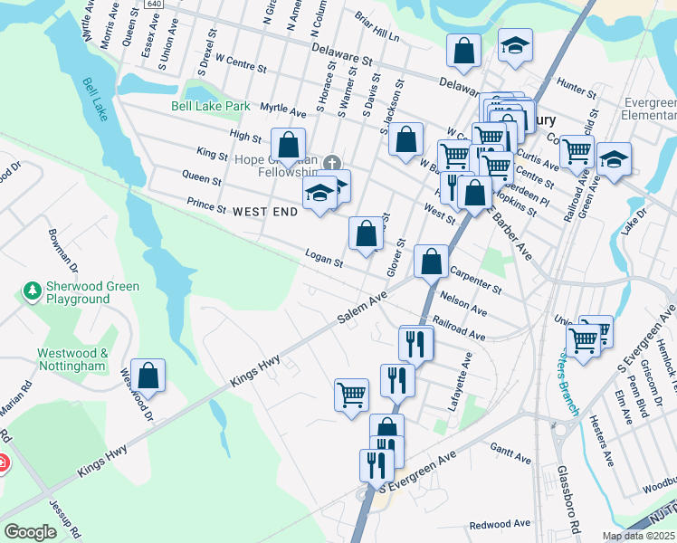 map of restaurants, bars, coffee shops, grocery stores, and more near 167 Logan Street in Woodbury