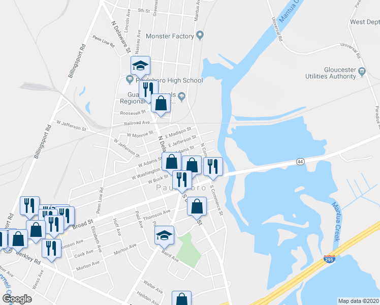 map of restaurants, bars, coffee shops, grocery stores, and more near 1105 North Chestnut Street in Paulsboro