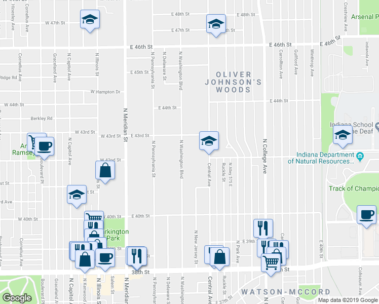 map of restaurants, bars, coffee shops, grocery stores, and more near 4205 North Washington Boulevard in Indianapolis