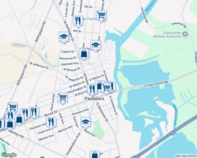 map of restaurants, bars, coffee shops, grocery stores, and more near 37 East Washington Street in Paulsboro