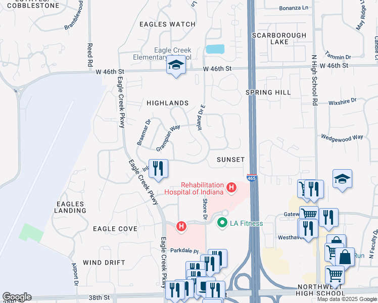 map of restaurants, bars, coffee shops, grocery stores, and more near 6904 Caledonia Circle in Indianapolis