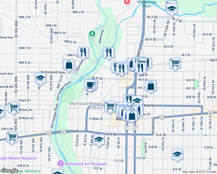 map of restaurants, bars, coffee shops, grocery stores, and more near 112 Fort Wayne Avenue in Richmond