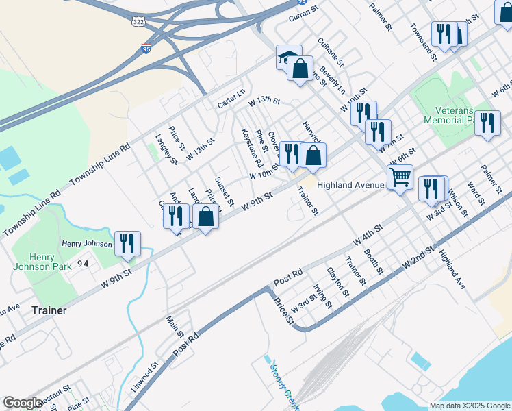map of restaurants, bars, coffee shops, grocery stores, and more near 3305 West 9th Street in Marcus Hook