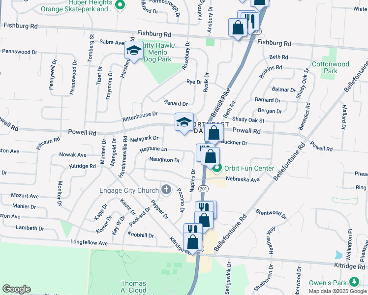 map of restaurants, bars, coffee shops, grocery stores, and more near 5007 Neptune Lane in Dayton