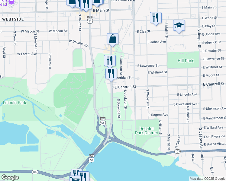 map of restaurants, bars, coffee shops, grocery stores, and more near 838 South Franklin Street in Decatur