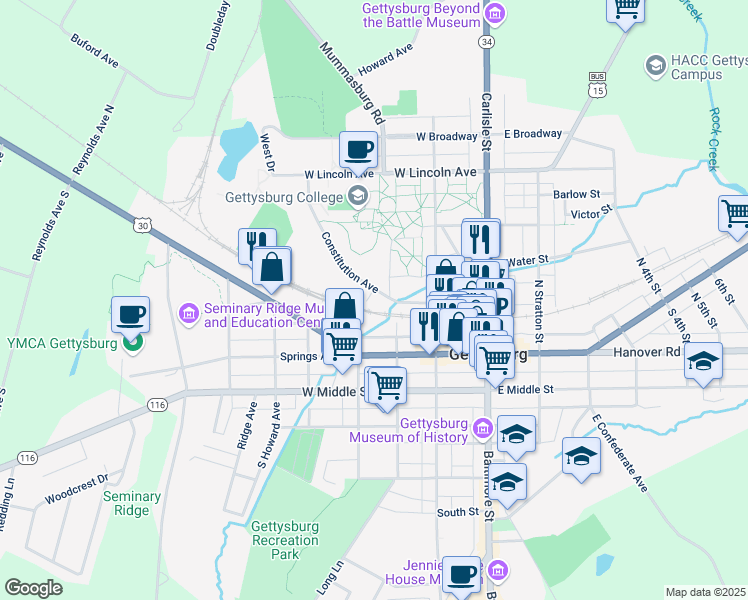 map of restaurants, bars, coffee shops, grocery stores, and more near 142 Constitution Avenue in Gettysburg