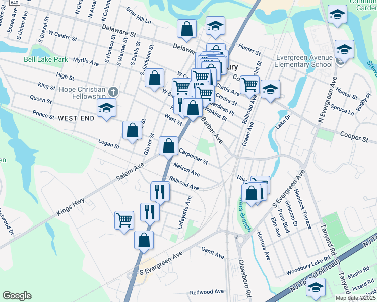 map of restaurants, bars, coffee shops, grocery stores, and more near 22 Carpenter Street in Woodbury