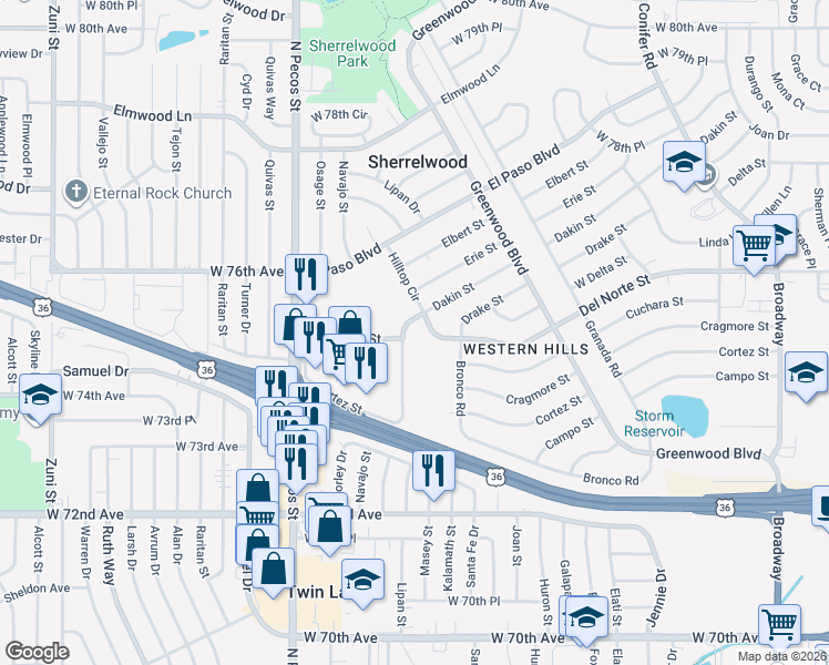 map of restaurants, bars, coffee shops, grocery stores, and more near 7500 Dakin Street in Denver