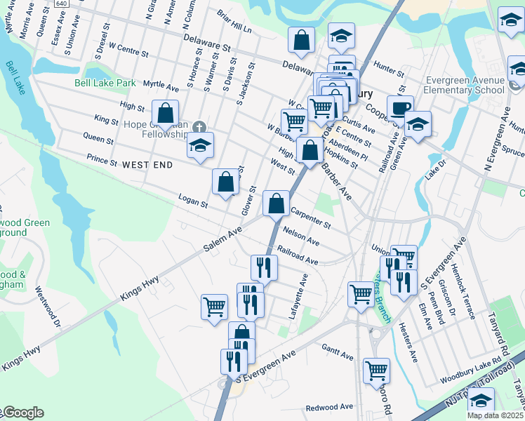 map of restaurants, bars, coffee shops, grocery stores, and more near 432 Glover Street in Woodbury