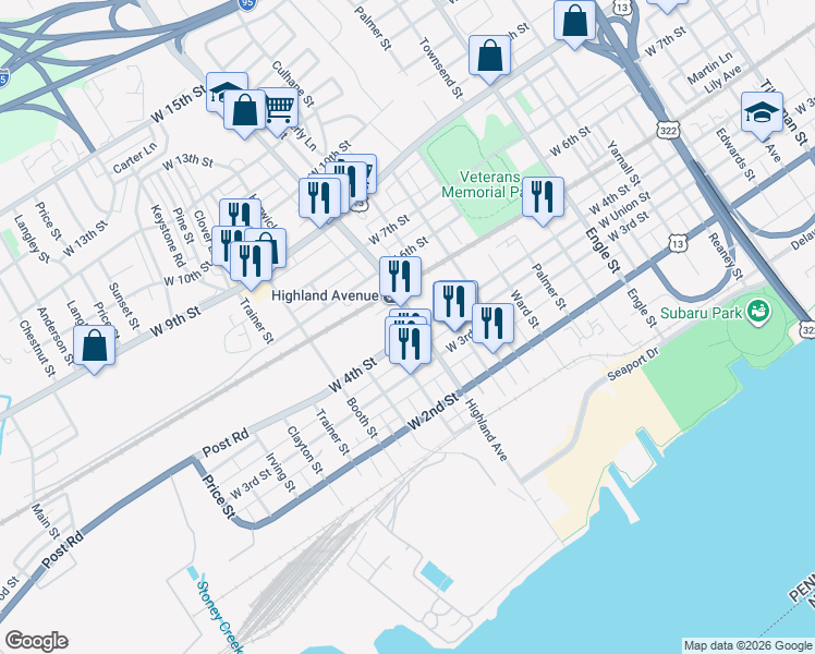 map of restaurants, bars, coffee shops, grocery stores, and more near 323 Highland Avenue in Chester
