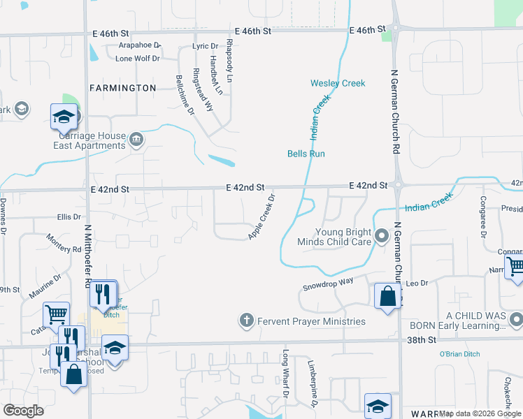 map of restaurants, bars, coffee shops, grocery stores, and more near 4135 Apple Creek Drive in Indianapolis