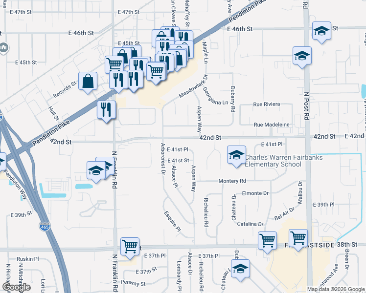 map of restaurants, bars, coffee shops, grocery stores, and more near 8344 Aspen Way in Indianapolis
