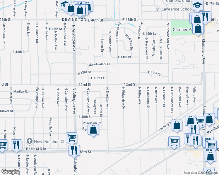 map of restaurants, bars, coffee shops, grocery stores, and more near 4149 North Sheridan Avenue in Indianapolis